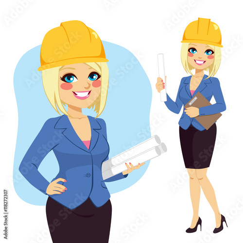 Blonde architect woman character standing with yellow safety helmet holding blueprints