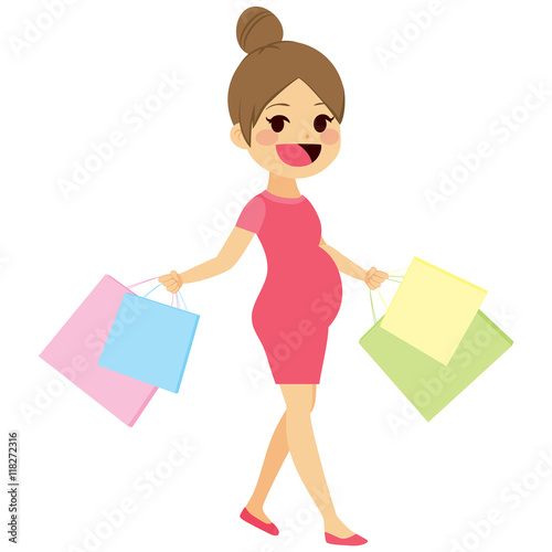 Young future mother walking with shopping bags pregnant