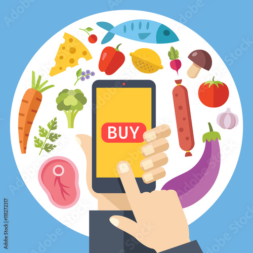Hand holding smartphone with buy button and food around. Order food online concept. Flat graphic design elements set. Vector illustration