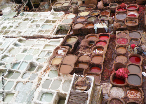 View of White and Red Brown Dye Pits of the Leather Factory in Fez, Morocco