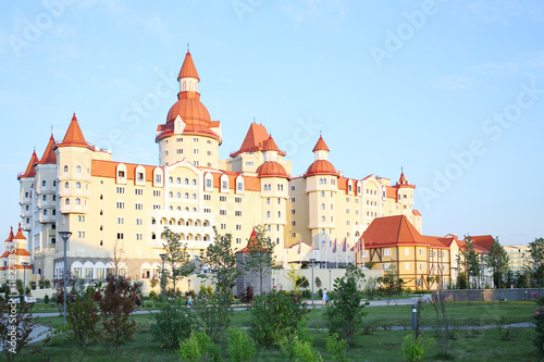 Building of the Hotel Bogatyr in the style of a medieval castle on the territory of Sochi Park