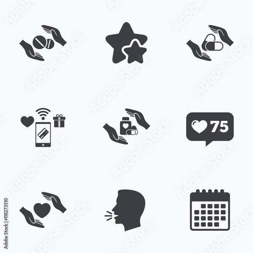 Hands insurance icons. Health medical pills.