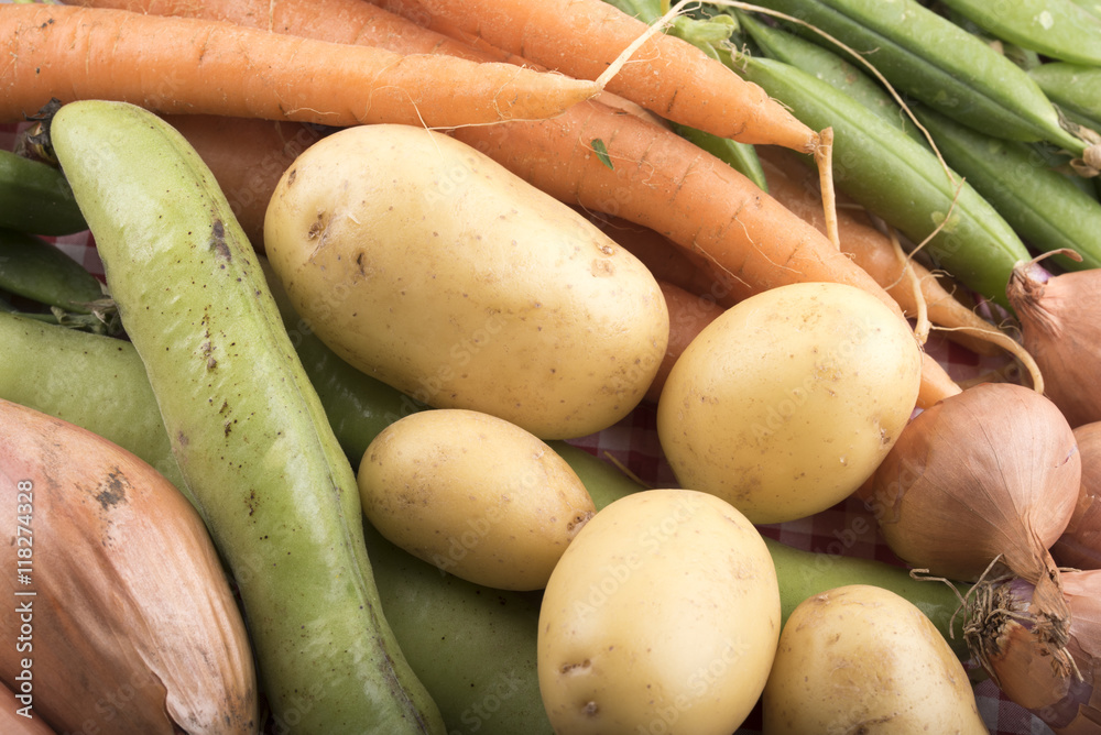 Background image of a variety of vegetables including carrots, beans, onions and potatoes. Background image of a variety of vegetables including carrots, beans, onions and potatoes.