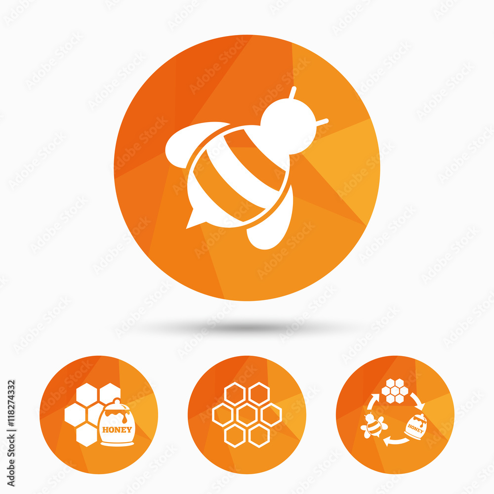 Honey icon. Honeycomb cells with bees symbol. Honey icon. Honeycomb cells with bees symbol.