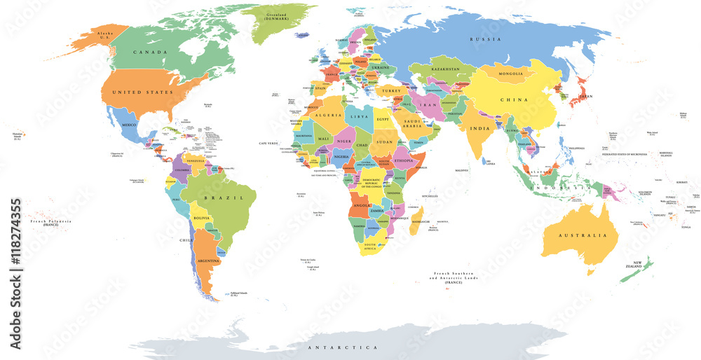 Fototapeta Światowa mapa państw pojedynczych z granicami państwowymi. Każdy obszar kraju z własnym kolorem. Ilustracja na białym tle pod projekcją Robinsona. Etykietowanie w języku angielskim.