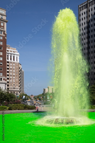 Close-up view of green color fountain in Love park.