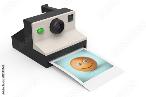instant photo camera with photo of smiley symbol 3d render