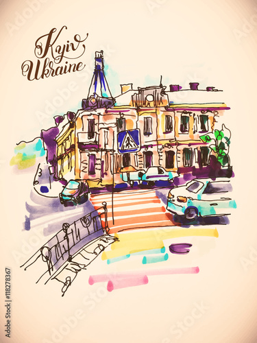 original hand draw marker sketch of Kyiv building landscape