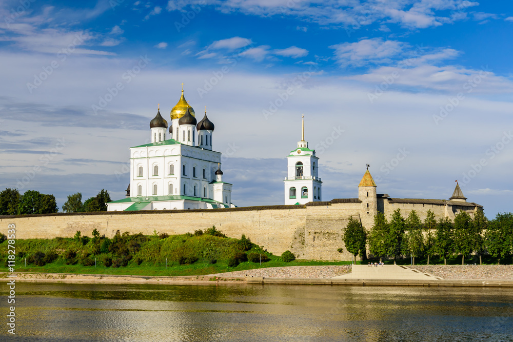 The ancient fortress on the bank of the river, Pskov Kremlin, Russia.