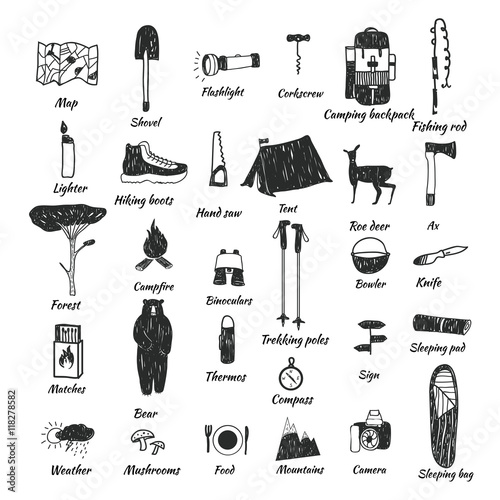 camping icons doodle text