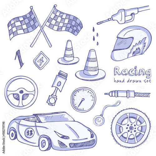 Racing auto items sketch icons