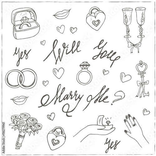 vector wedding set Marry me ring, flowers, cake