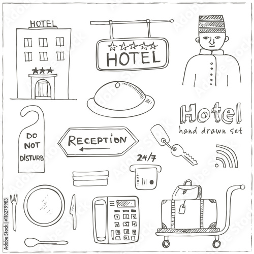 Vector hotel set doodle sketch illustration