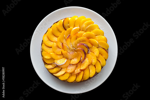 Peach cake flat lay top view