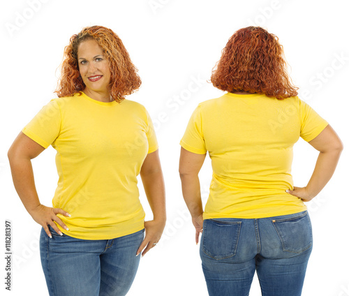 Obraz na plátně Woman wearing blank yellow shirt front and back