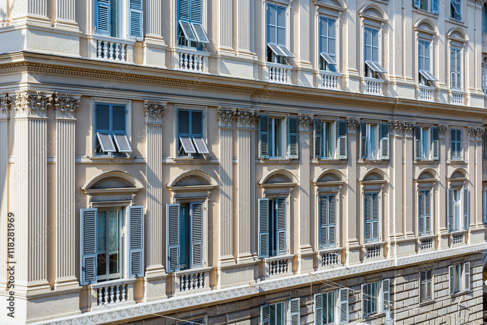 Italian facade in Via XX Settembre. Genova. Liguria, Italy.