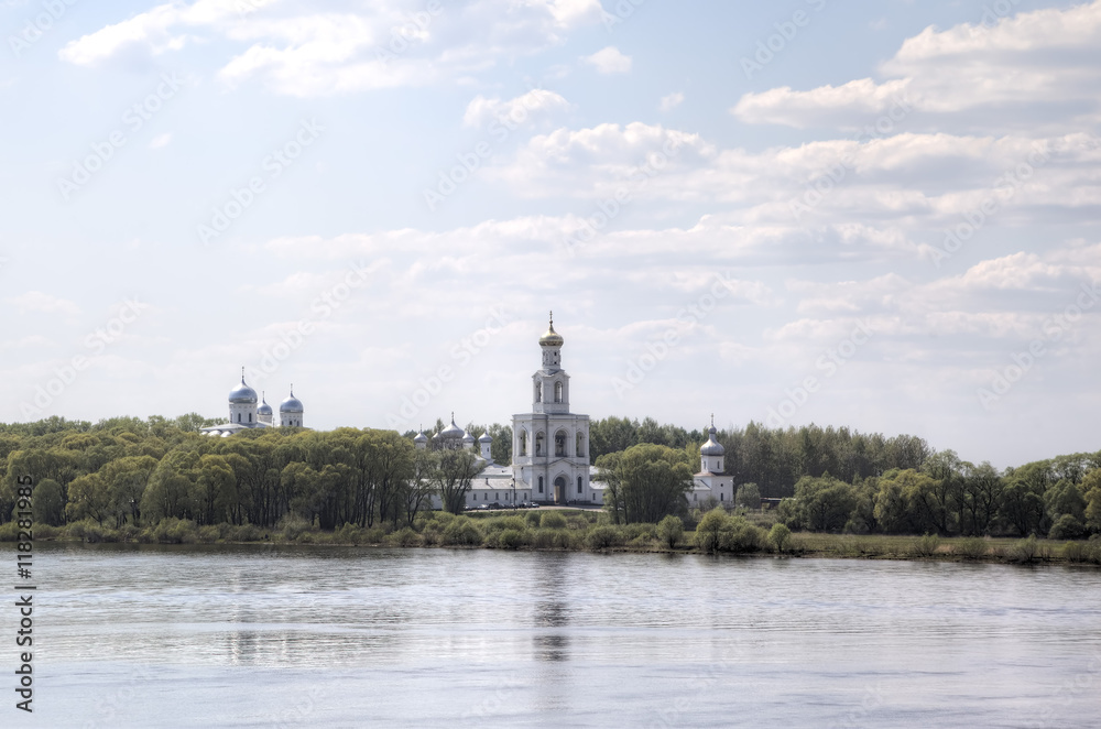 Yuriev male monastery on the bank of the Volkhov river in Veliky Novgorod, Russia.