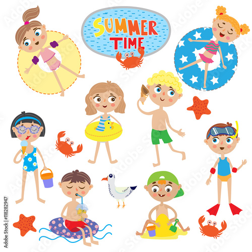 set of cute kids on summer holidays. isolated on white background