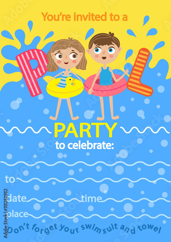 Pool party. Invitation template card. Kids fun in pool