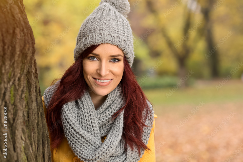 Happy woman with a gray cap Happy woman with a gray cap
