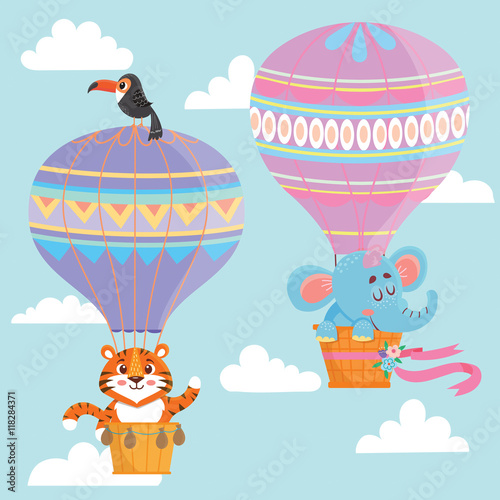 Hot air balloons with animals. Elephant and tiger Vector illustration