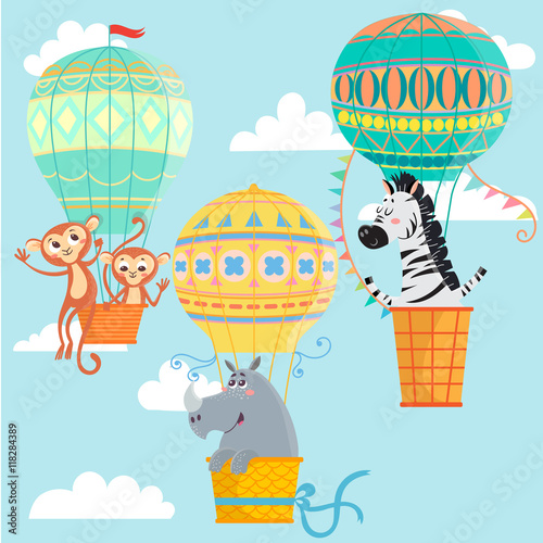 Hot air balloons with animals. Monkeys, rhinoceros and zebra.  Vector illustration