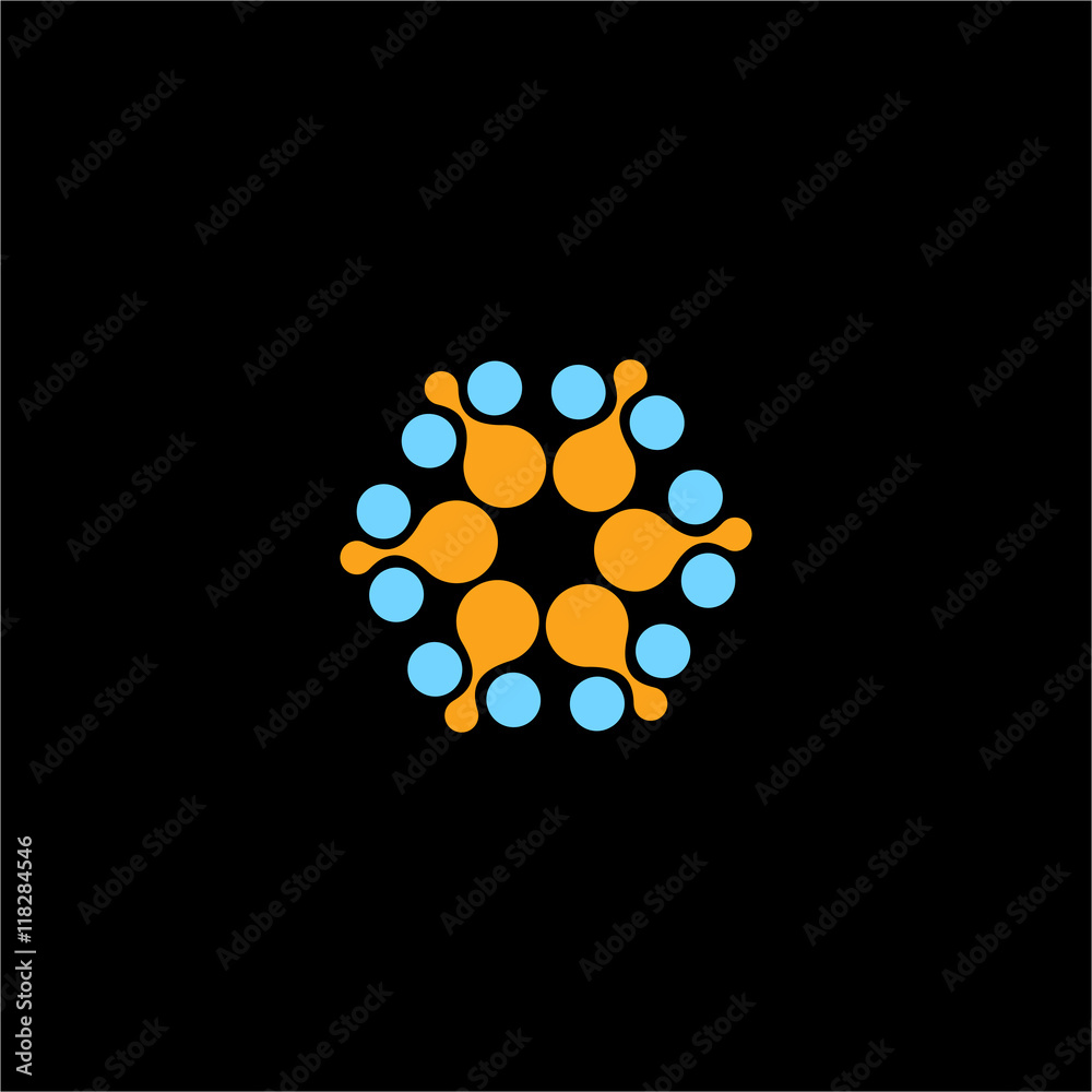 Isolated abstract blue, orange flower vector logo. Round shape sun illustration.