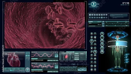 Blood cells in vein. Futuristic medical application interface