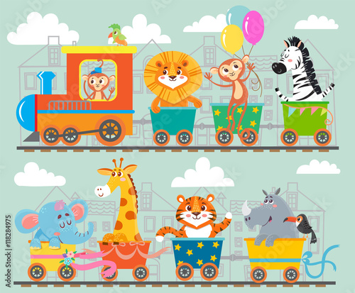 Fototapeta Naklejka Na Ścianę i Meble -  Funny animal on train. Vector illustration
