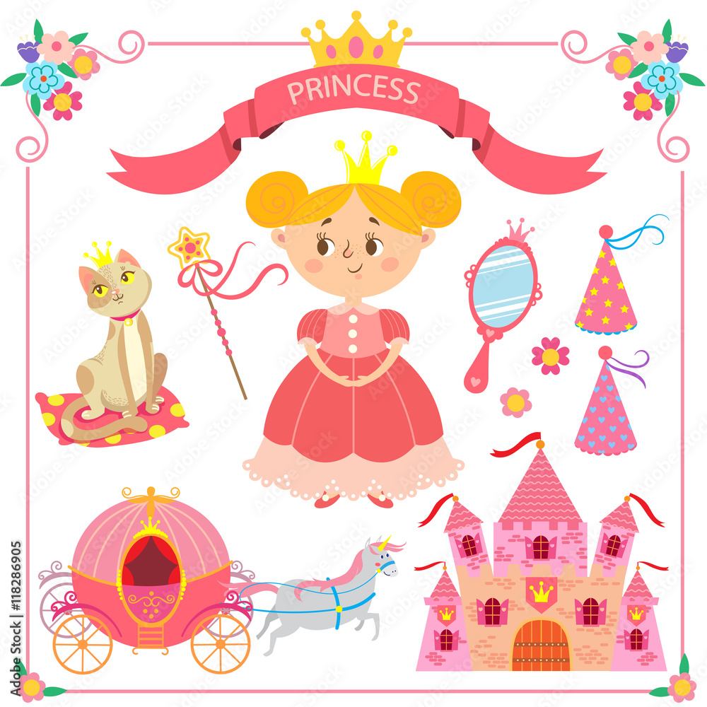 Fototapeta Vector illustration of pink princess. Set of items for princesses