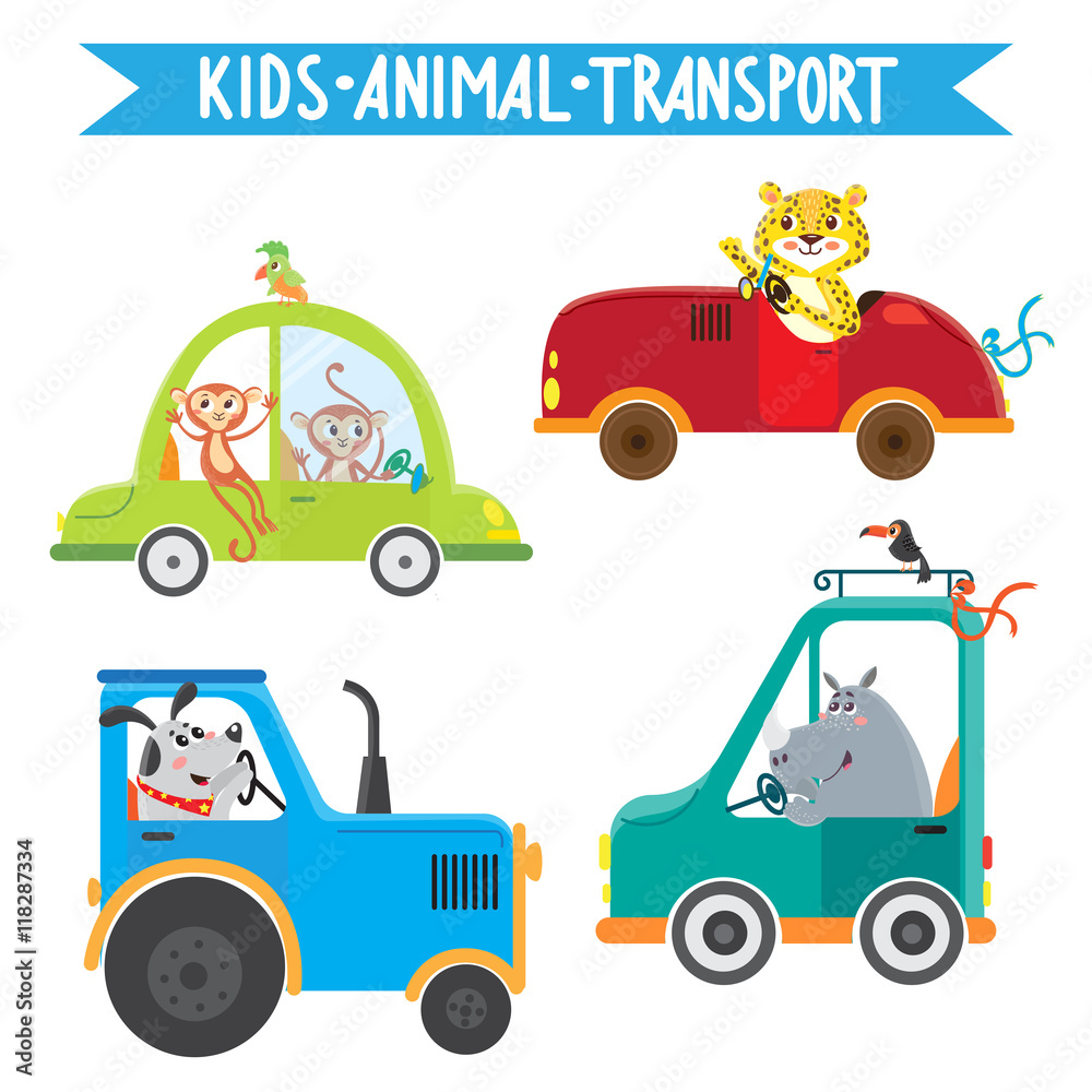 Funny animals on transport. Monkey, leopard, rhino, dog. Vector illustration on white background. Kids cartoon. Funny animals on transport. Monkey, leopard, rhino, dog. Vector illustration on white background. Kids cartoon.