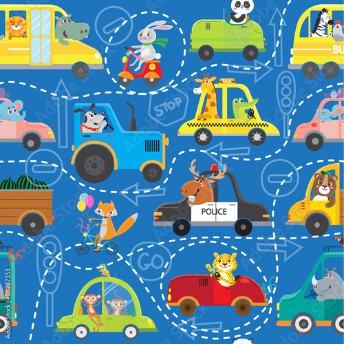 Funny animals on transport. Kids cartoon. Seamless pattern. Vector illustration