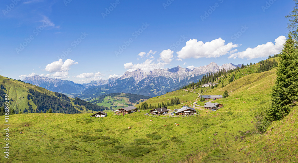 Mountain landscape with mountain huts in the alps, Salzburg, Aus