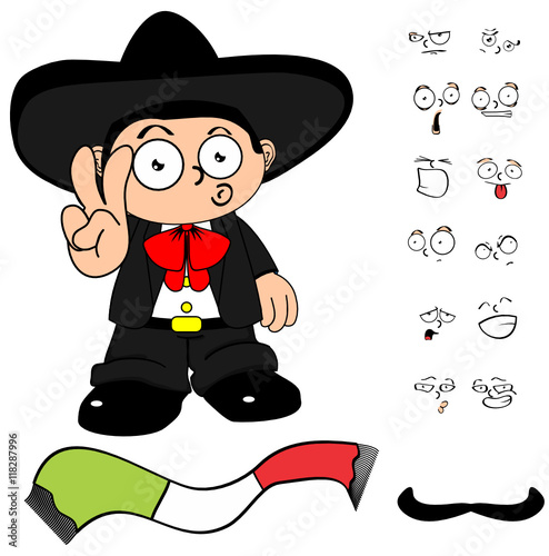 funny kid mexican mariachi cartoon expressions set very easy to edit