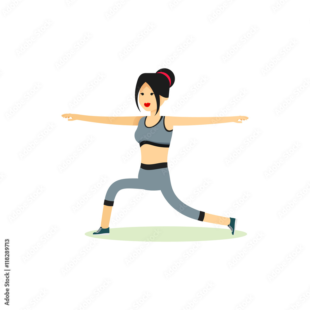 Girl posing pose yoga. Characters women exercises yoga, isolated on white background. People banner healthy lifestyle. Woman involved in sports, vector illustration