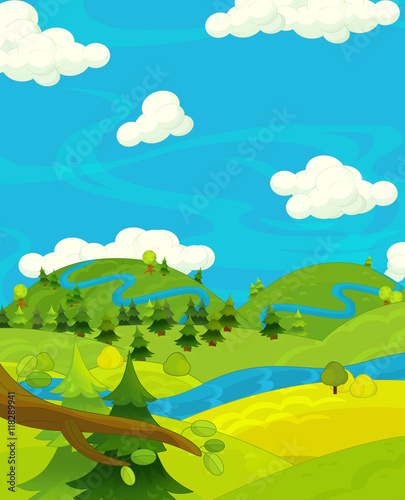 Cartoon happy and funny nature scene - empty stage for different usage - illustration for children