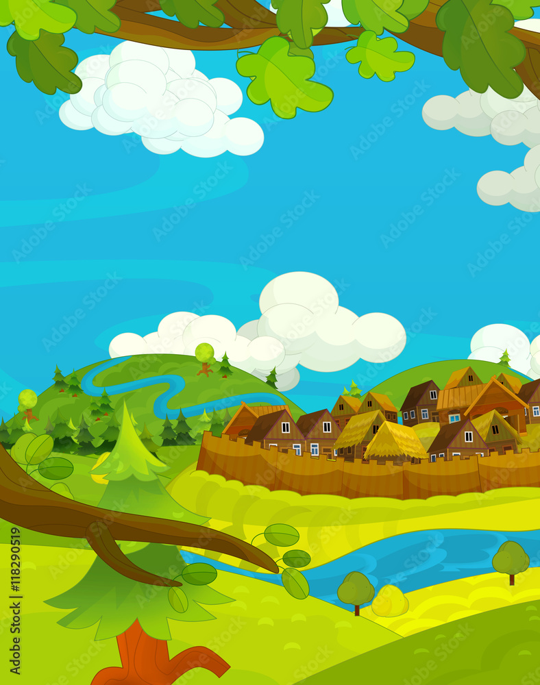 Cartoon happy scene with wooden houses - traditional village - scene for different usage - illustration for children