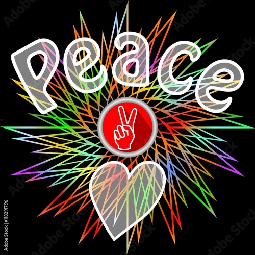 Peace leaflet. Semitransparent peace inscription, victoria finger gesture and heart on black background with rainbow line star shape. Flyer in retro hippies style. Antiwar theme