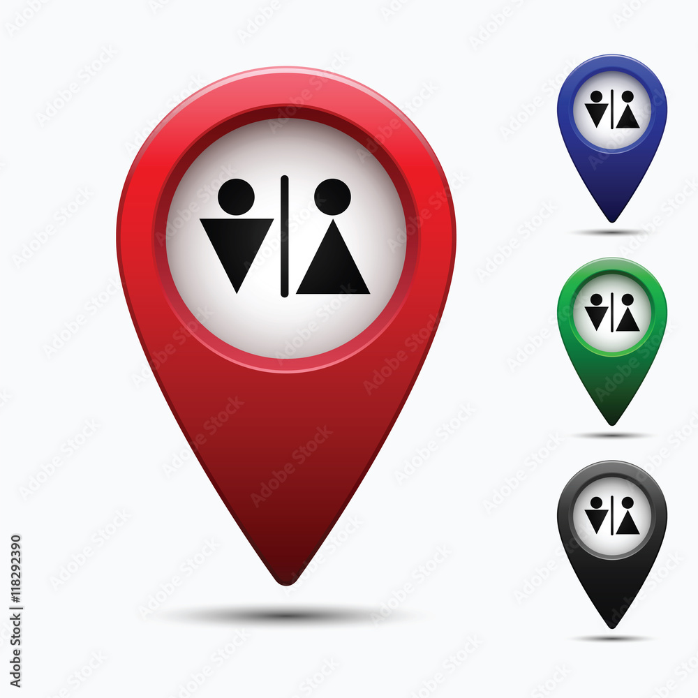 Colored map pointer with symbol toilet and wc. For location maps. Mark icon. Sign for gps navigation. Index location on map. Pointer location. Vector isolated ilustration. Colored map pointer with symbol toilet and wc. For location maps. Mark icon. Sign for gps navigation. Index location on map. Pointer location. Vector isolated ilustration.