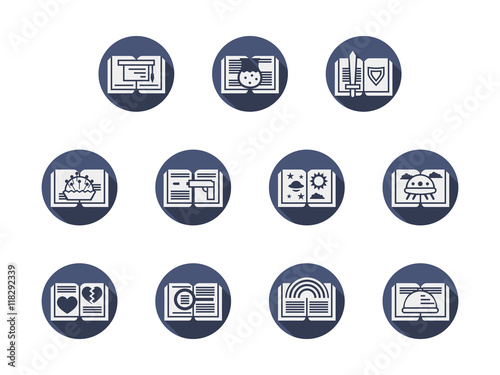 Categories of books blue round flat vector icons