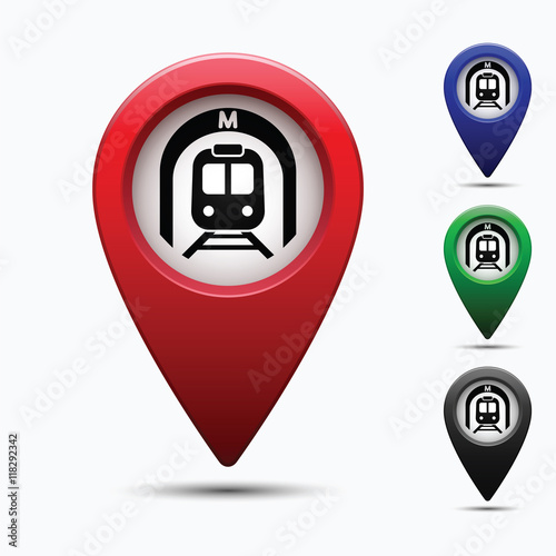 Colored map pointer with symbol subway. For location maps. Mark icon. Sign for gps navigation. Index location on map. Pointer location. Vector isolated ilustration.