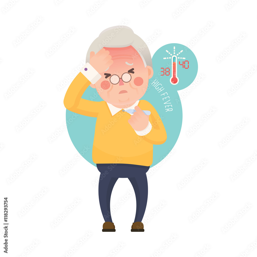 Vector Illustration of Sick Old Man Suffering from a Fever and Checking His Temperature on a Thermometer while Clutching at His Forehead. Cartoon Character. Vector Illustration of Sick Old Man Suffering from a Fever and Checking His Temperature on a Thermometer while Clutching at His Forehead. Cartoon Character.