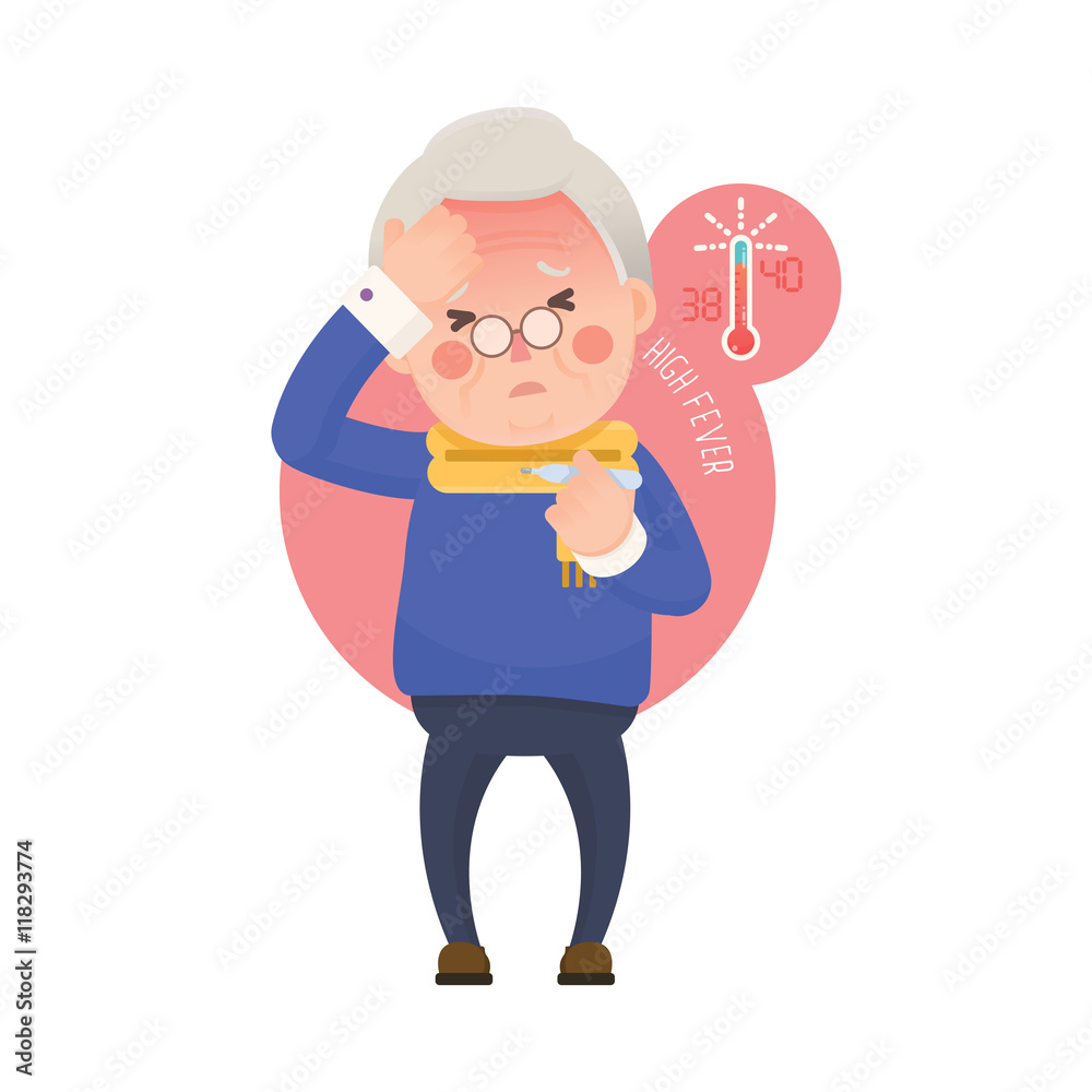 Vector Illustration of Sick Old Man Suffering from a Fever and Checking His Temperature on a Thermometer while Clutching at His Forehead. Cartoon Character.
