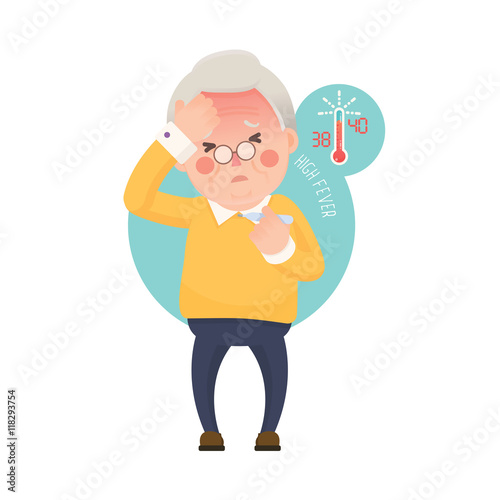 Vector Illustration of Sick Old Man Suffering from a Fever and Checking His Temperature on a Thermometer while Clutching at His Forehead. Cartoon Character.