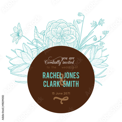 Vector Vintage Turquoise Chocolate Brown Frame Floral Drawing Wedding Invitat...
