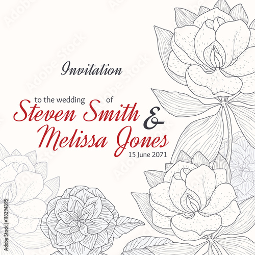Vector Vintage Red Black Frame Floral Drawing Wedding Invitation With Stylish...