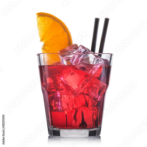 Red cocktail in old fashioned cocktail glass isolated on white background.
