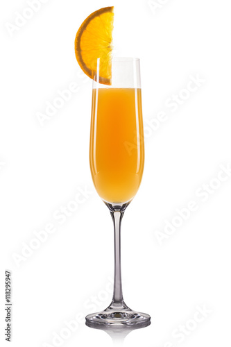 Mimosa cocktail in champagne glass isolated on white background.