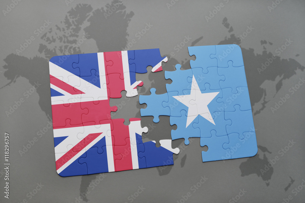 puzzle with the national flag of great britain and somalia on a world ...