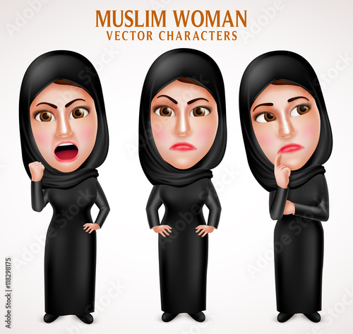 Angry muslim arab woman vector characters with facial expressions wearing veil and islamic clothes in white background. Vector illustration.